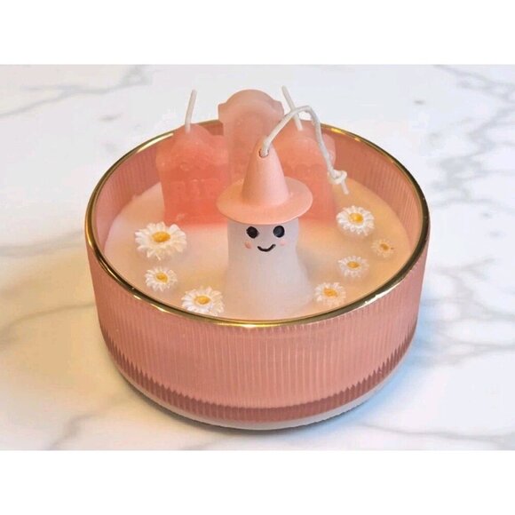 New Large Pink Spooky Ghost Halloween Holiday Graveyard Candle Home Decor Gift - Picture 1 of 3